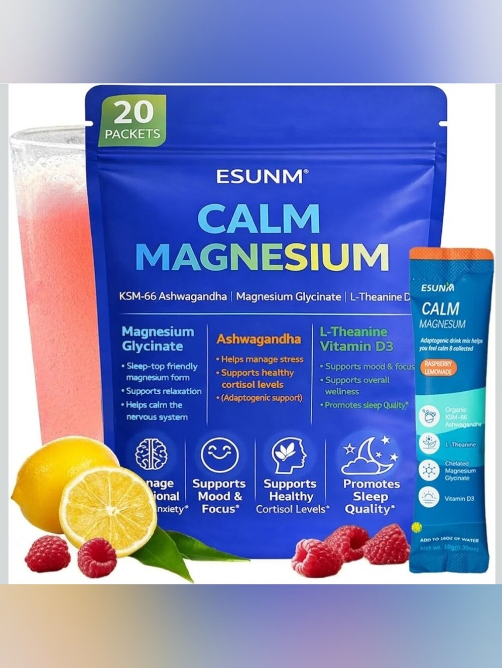 Calm Magnesium Supplement Powder Packets Raspberry Lemonade 20
